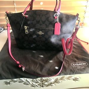 Coach Prairie Satchel in signature canvas with red straps and lining